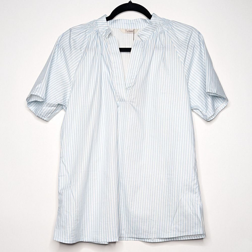 Tucker NYC The Short Sleeve Polo Blouse Sailor Stripe in Light Weight Cotton Top